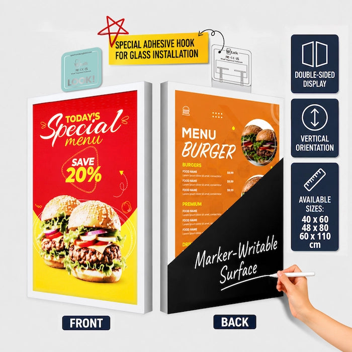 Wtalk Pro double-sided LED backlit poster window display with writable marker board for storefront window, #type_a