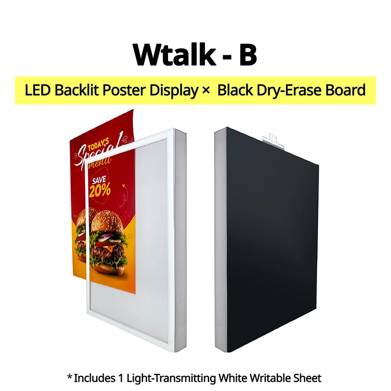 Wtalk B double-sided LED backlit poster window display with front poster advertising panel and black dry-erase back,