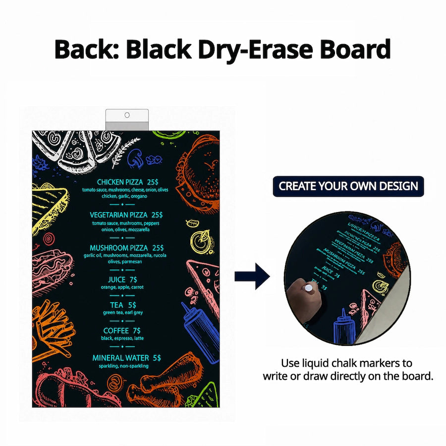 Back side of Wtalk B black dry-erase board for handwritten menus and custom storefront messages ,
