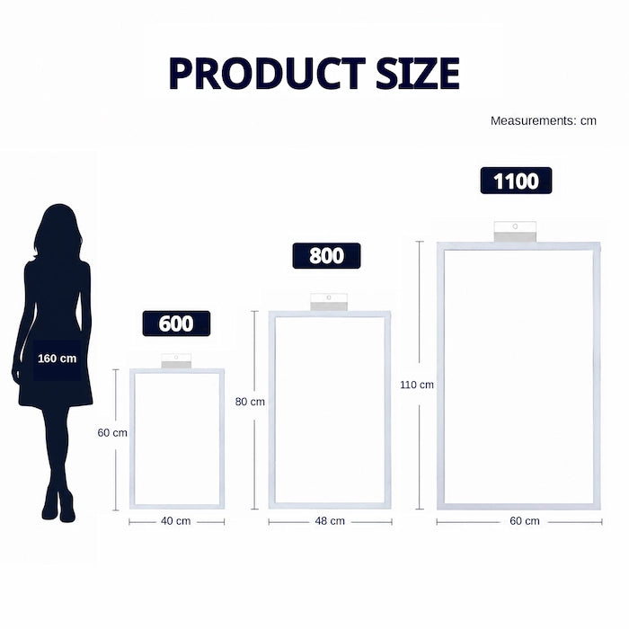 Wtalk product size comparison chart showing 600, 800, and 1100 models in inches ,