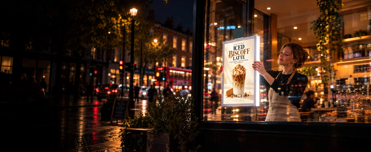 A woman in a cafe setting at night mounting a lit LED backlit display featuring a coffee advertisement on the window, with a blurred city street scene outside.