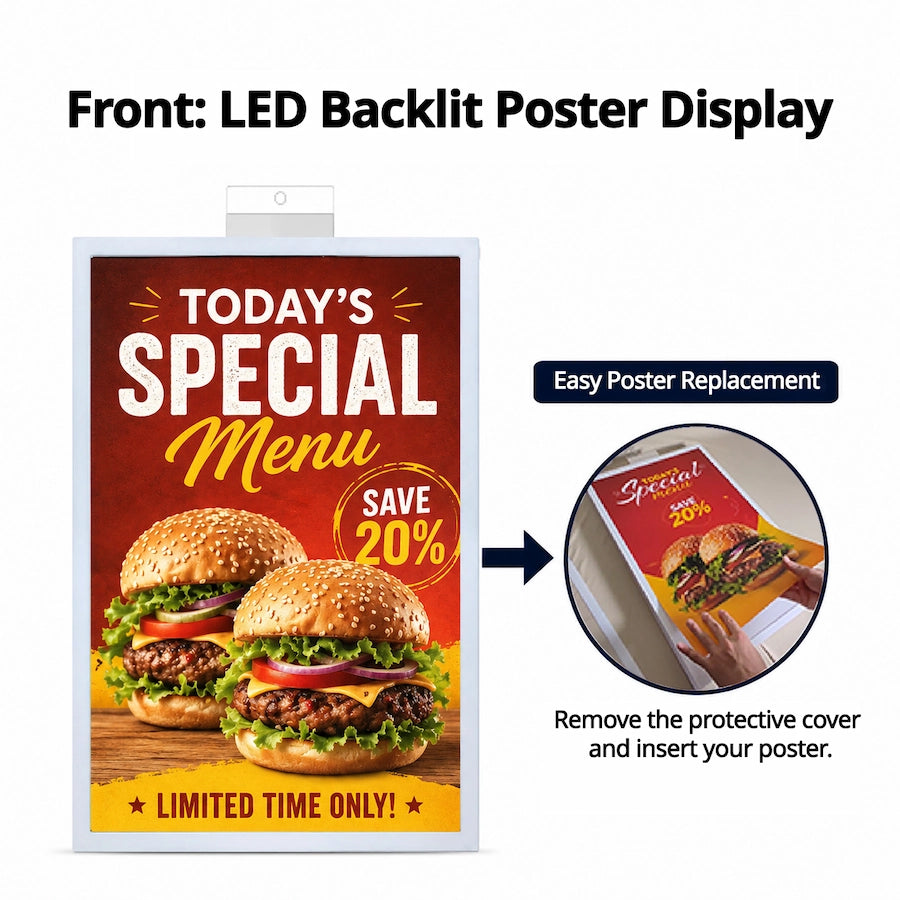 Front side of Wtalk Pro LED backlit poster display with easy poster replacement feature, #type_a