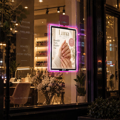 LED Backlit Window Poster Display with Neon Frame | glowN Portrait